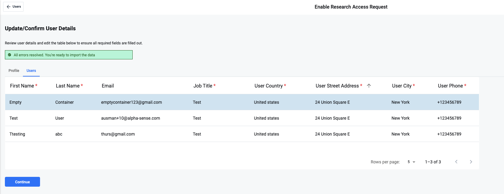 User data validation